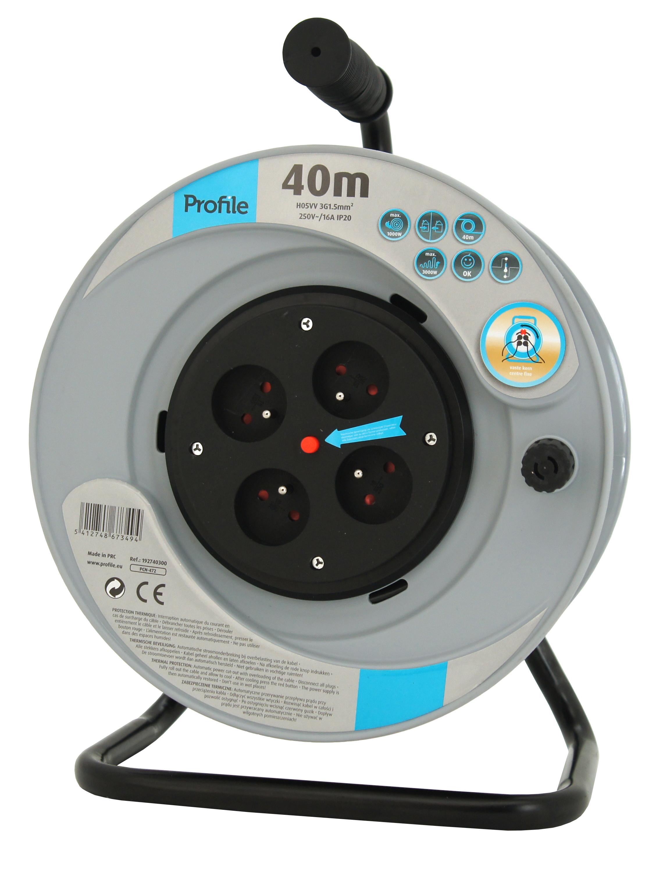 Kabelhaspel 40m 3g1.5mm² + 4 Stopcontacten