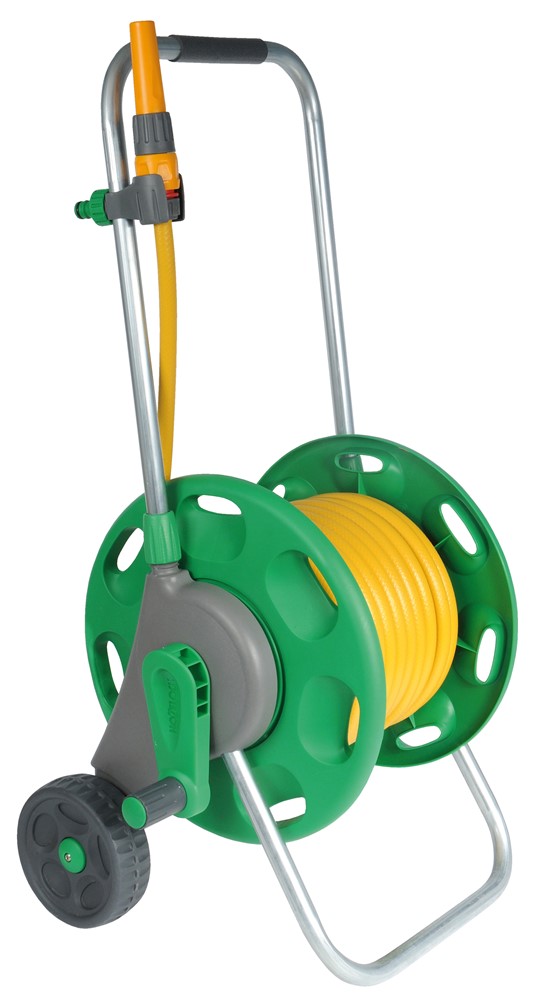 Hozelock slangenwagen inclusief 30 meter slang, startset koppelstukken en tuinspuit.